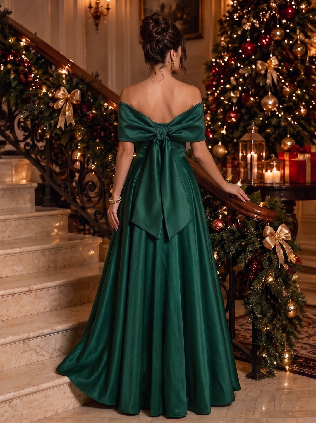 A-Line/Princess Off-the-Shoulder Satin Evening Dresses Floor-Length Sleeveless Formal Dresses With Bowknot
