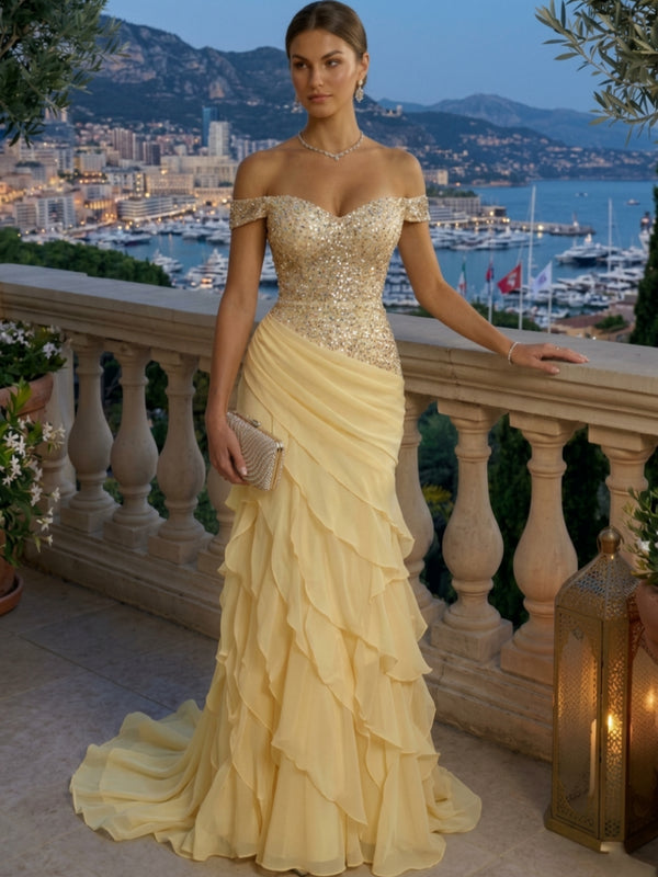 Sheath/Column Off-the-Shoulder Chiffon Evening Dresses Floor-Length Sleeveless Sequins Ruched Formal Dresses