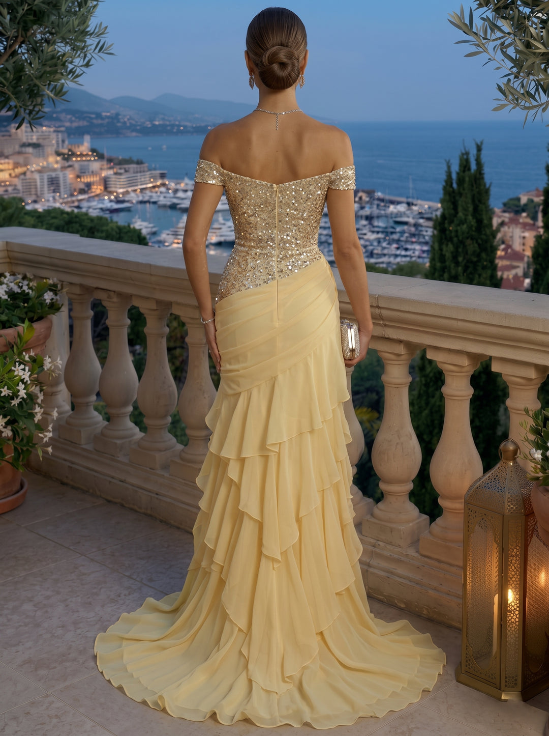 Sheath/Column Off-the-Shoulder Chiffon Evening Dresses Floor-Length Sleeveless Sequins Ruched Formal Dresses