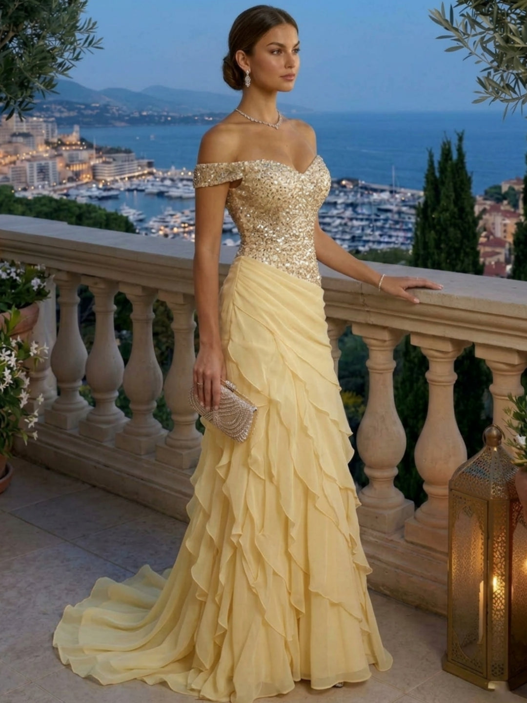 Sheath/Column Off-the-Shoulder Chiffon Evening Dresses Floor-Length Sleeveless Sequins Ruched Formal Dresses