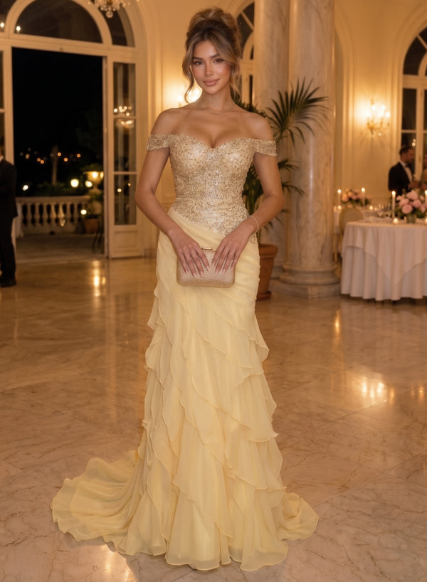Sheath/Column Off-the-Shoulder Chiffon Evening Dresses Floor-Length Sleeveless Sequins Ruched Formal Dresses
