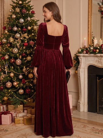 A-Line/Princess Square Neck Velvet Evening Dresses Floor-Length Long Sleeves Formal Dresses With Split Side