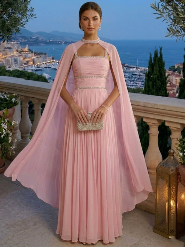 A-Line/Princess Chiffon Spaghetti Straps Evening Dresses Floor-Length Sleeveless With Rhinestones & Chiffon Cape Formal Dresses