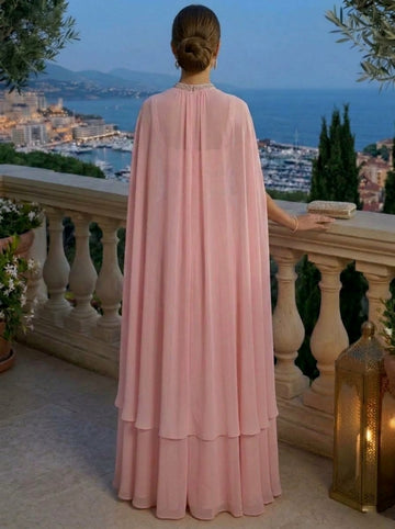 A-Line/Princess Chiffon Spaghetti Straps Evening Dresses Floor-Length Sleeveless With Rhinestones & Chiffon Cape Formal Dresses