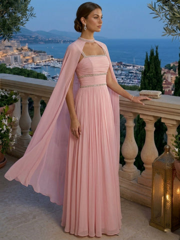 A-Line/Princess Chiffon Spaghetti Straps Evening Dresses Floor-Length Sleeveless With Rhinestones & Chiffon Cape Formal Dresses