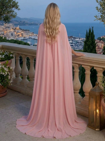 A-Line/Princess Chiffon Strapless Evening Dresses Floor-Length Sleeveless With Cape Ruched Formal Dresses