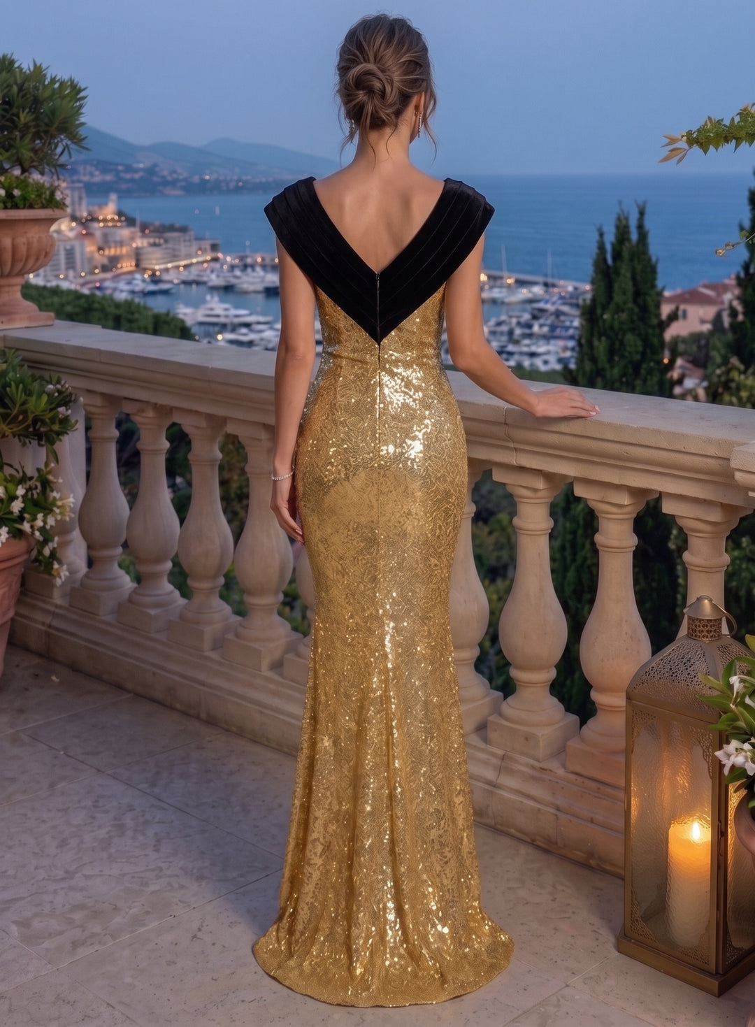 Trumpet/Mermaid Deep V-Neck Sequins&Velvet Evening Dresses Floor-Length Sleeveless Formal Dresses