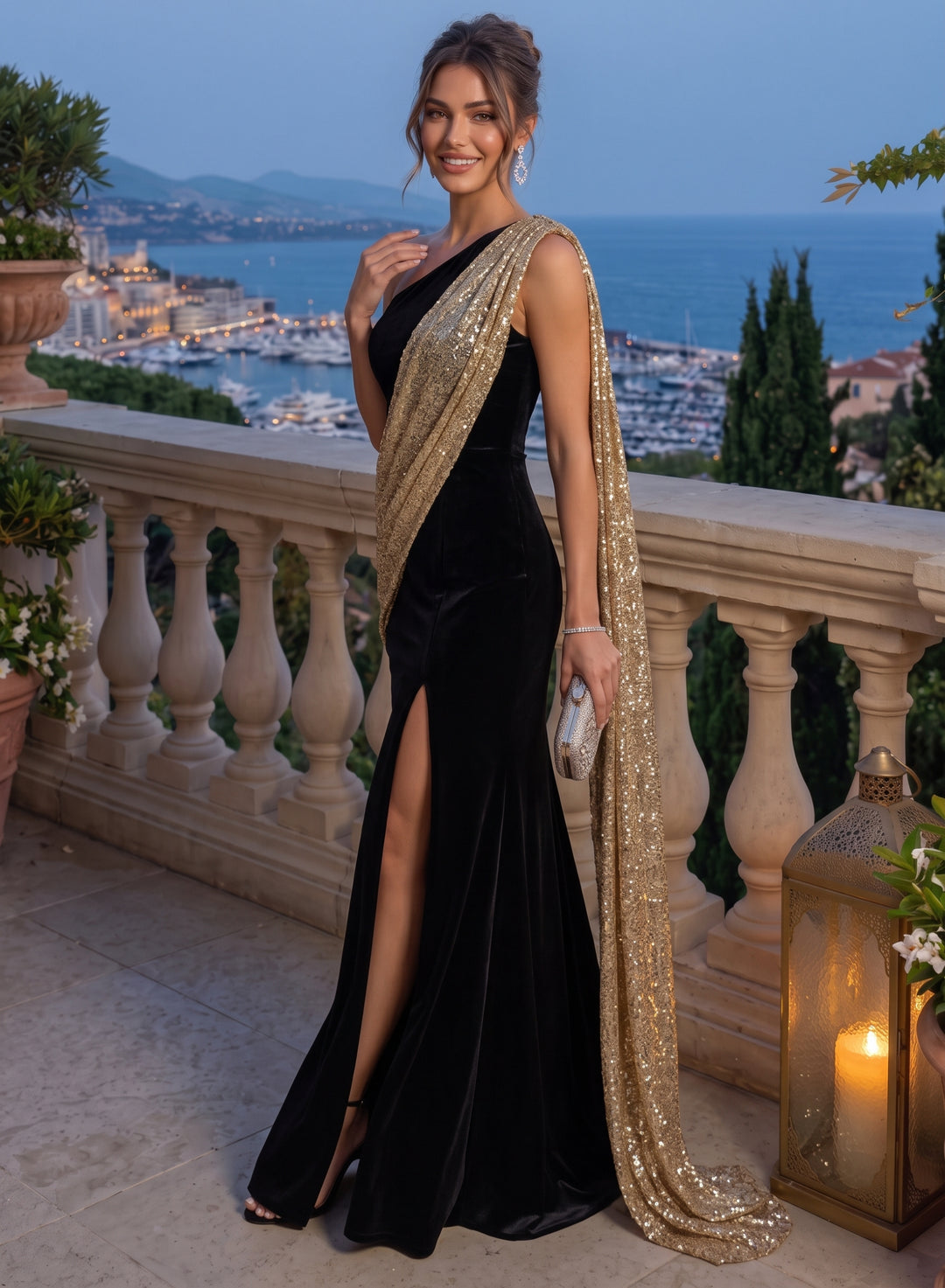 Sheath/Column One-Shoulder Velvet Evening Dresses Floor-Length Sleeveless Formal Dresses With Sequin Cape