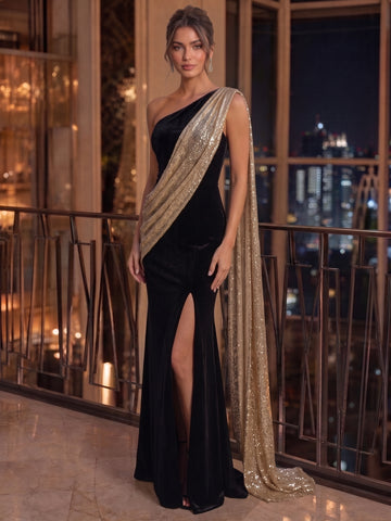 Sheath/Column One-Shoulder Velvet Evening Dresses Floor-Length Sleeveless Formal Dresses With Sequin Cape