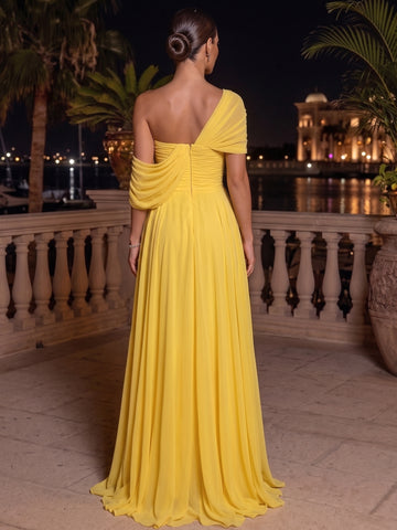A-Line/Princess One-Shoulder Chiffon Evening Dresses with Split Side Floor-Length Sleeveless Party Dresses Ruched