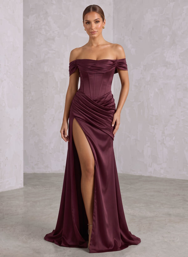 Trumpet/Mermaid Off-the-Shoulder Satin Evening Dresses with Split Side Floor-Length Ruched  Sleeveless Formal Dresses