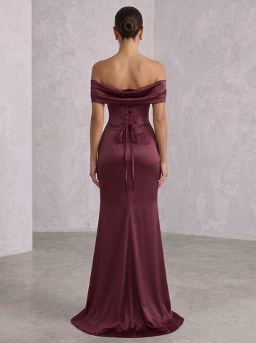 Trumpet/Mermaid Off-the-Shoulder Satin Evening Dresses with Split Side Floor-Length Ruched  Sleeveless Formal Dresses