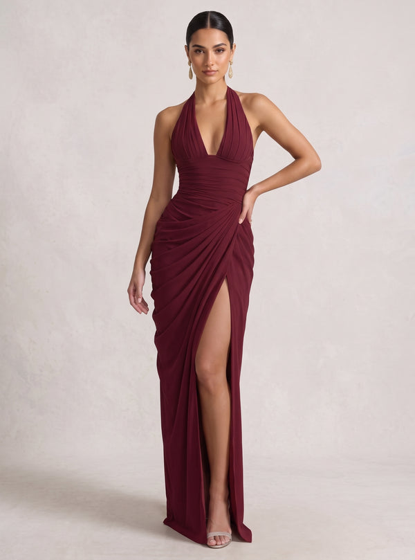 Sheath/Column Halter Chiffon Evening Dresses Floor-Length Sleeveless Ruched Formal Dresses