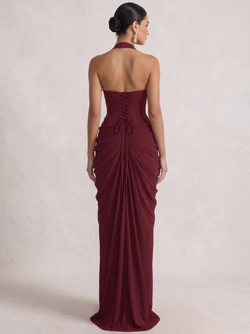 Sheath/Column Halter Chiffon Evening Dresses Floor-Length Sleeveless Ruched Formal Dresses