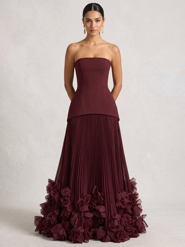 A-Line/Princess Strapless Stretch Satin Evening Dresses with 3D Flowers Chiffon Pleated Floor-Length Sleeveless Formal Dresses