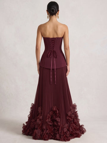 A-Line/Princess Strapless Stretch Satin Evening Dresses with 3D Flowers Chiffon Pleated Floor-Length Sleeveless Formal Dresses