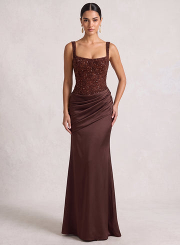 Sheath/Column Spaghetti Straps Satin Evening Dresses Sequins Floor-Length Sleeveless Formal Dresses