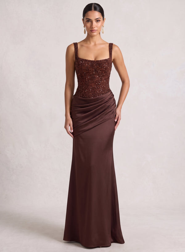 Sheath/Column Spaghetti Straps Satin Evening Dresses Sequins Floor-Length Sleeveless Formal Dresses