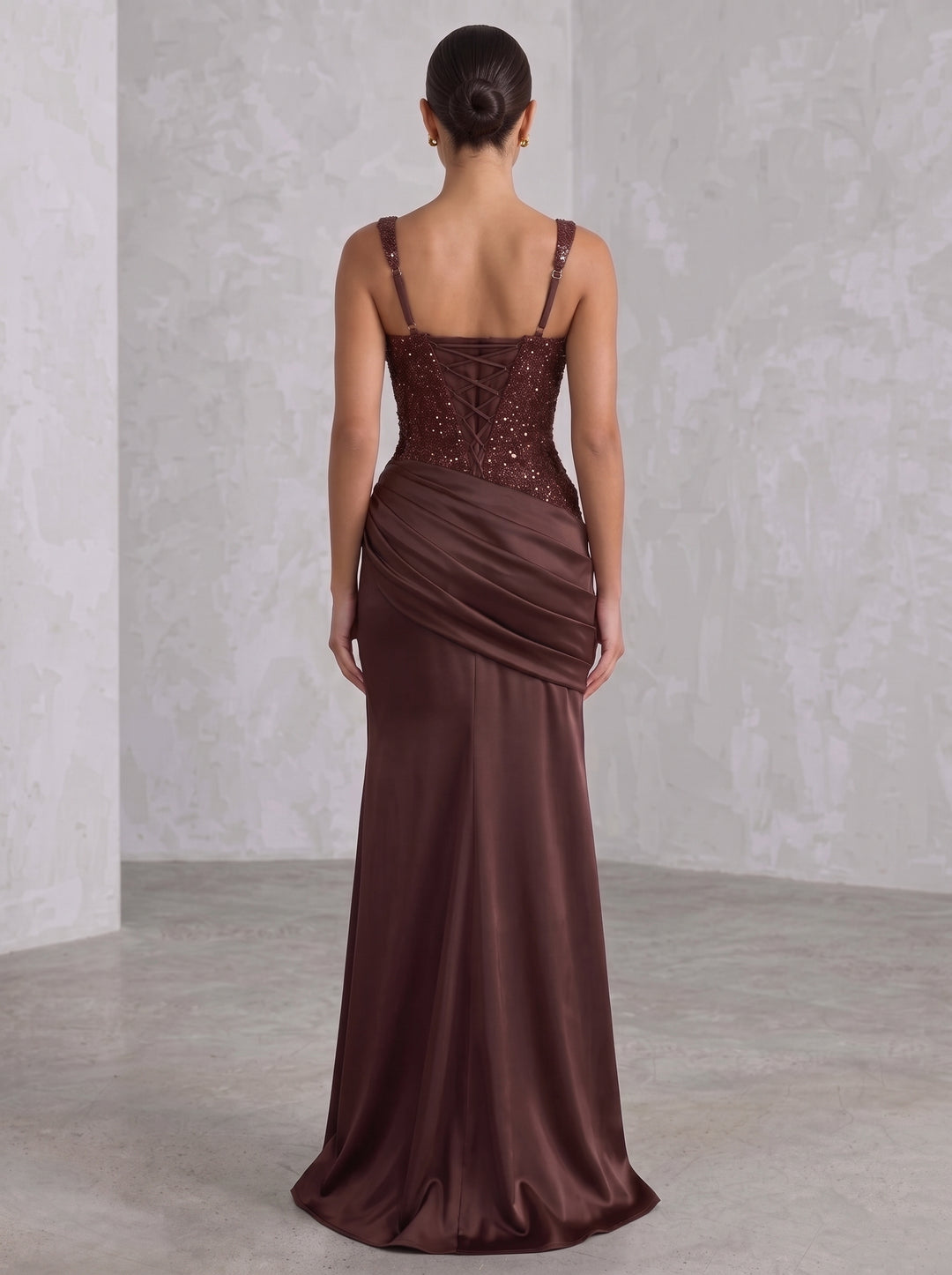 Sheath/Column Spaghetti Straps Satin Evening Dresses Sequins Floor-Length Sleeveless Formal Dresses