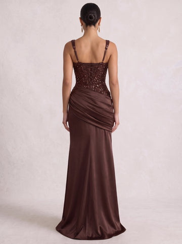 Sheath/Column Spaghetti Straps Satin Evening Dresses Sequins Floor-Length Sleeveless Formal Dresses