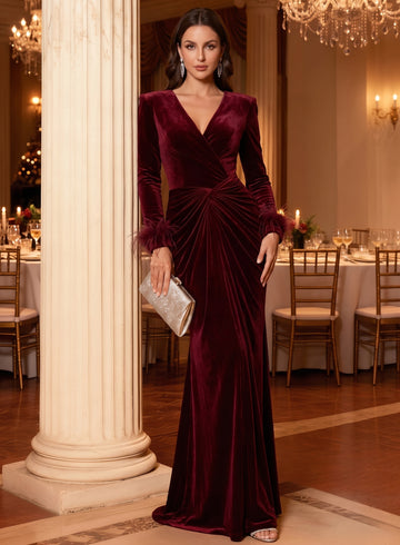 Sheath/Column V-Neck Velvet Evening Dresses with Feathers Floor-Length Long Sleeves Ruched Formal Dresses