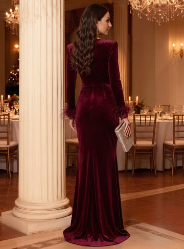 Sheath/Column V-Neck Velvet Evening Dresses with Feathers Floor-Length Long Sleeves Ruched Formal Dresses