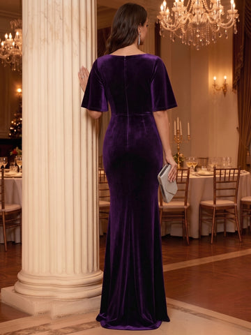 Sheath/Column Square Neck Velvet Evening Dresses Floor-Length Formal Dresses Short Sleeves