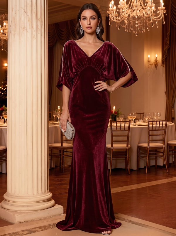 Sheath/Column V-Neck Velvet Evening Dresses Floor-Length Beading Half Sleeves Formal Dresses