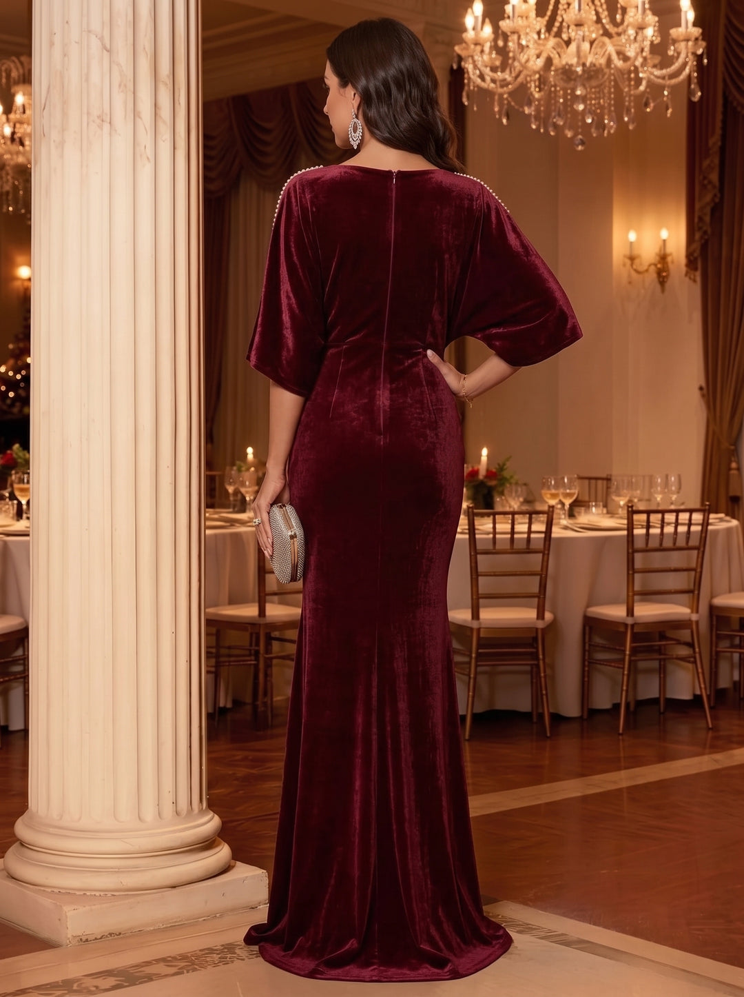 Sheath/Column V-Neck Velvet Evening Dresses Floor-Length Beading Half Sleeves Formal Dresses