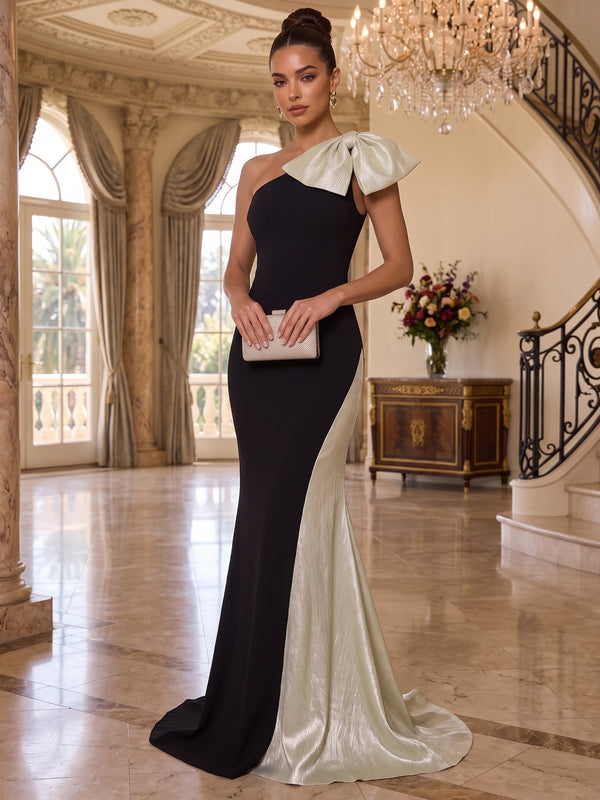 Trumpet/Mermaid One-Shoulder Evening Dresses Floor-Length Sleeveless Formal Dresses Bowknot