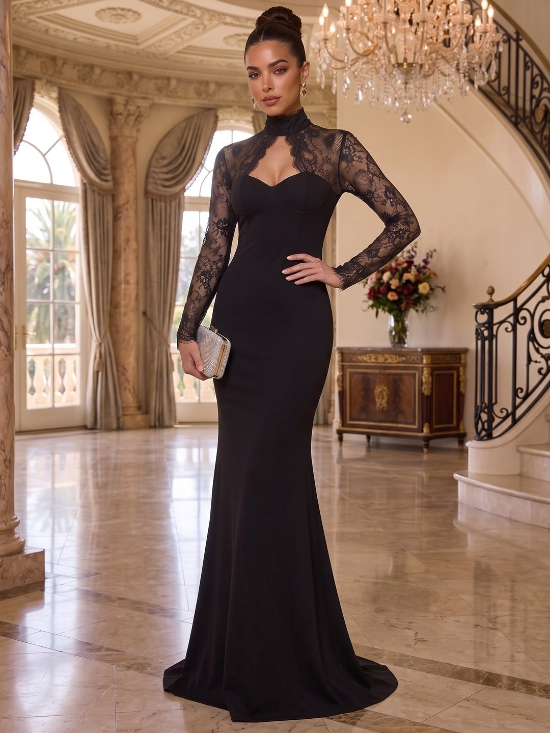 Trumpet/Mermaid Mock Neck Stretch Satin Evening Dresses Floor-Length Long Sleeves Formal Dresses Lace