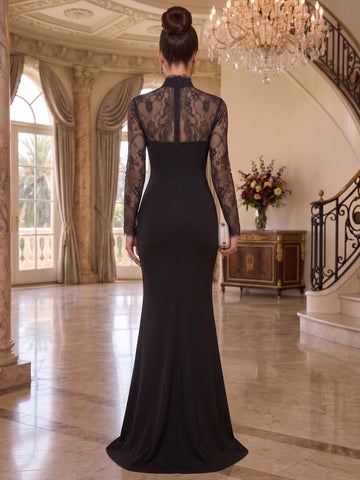Trumpet/Mermaid Mock Neck Stretch Satin Evening Dresses Floor-Length Long Sleeves Formal Dresses Lace