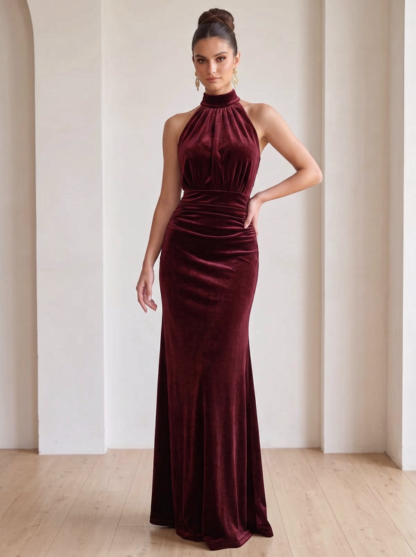 Sheath/Column Halter Velvet Evening Dresses Sleeveless Ruched Formal Dresses Floor-Length With Ruching