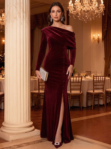 Sheath/Column One-Shoulder Velvet Evening Dresses Long Sleeves Draped Formal Dresses Floor-Length With Buttons & Split Side