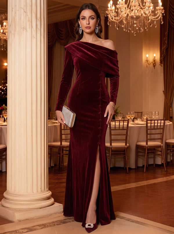 Sheath/Column One-Shoulder Velvet Evening Dresses Long Sleeves Draped Formal Dresses Floor-Length With Buttons & Split Side