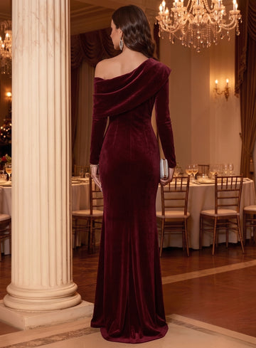 Sheath/Column One-Shoulder Velvet Evening Dresses Long Sleeves Draped Formal Dresses Floor-Length With Buttons & Split Side