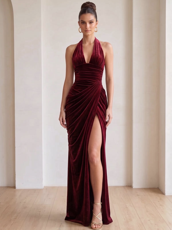 Sheath/Column Halter Velvet Evening Dresses Sleeveless Ruched Formal Dresses Floor-Length With Split Side
