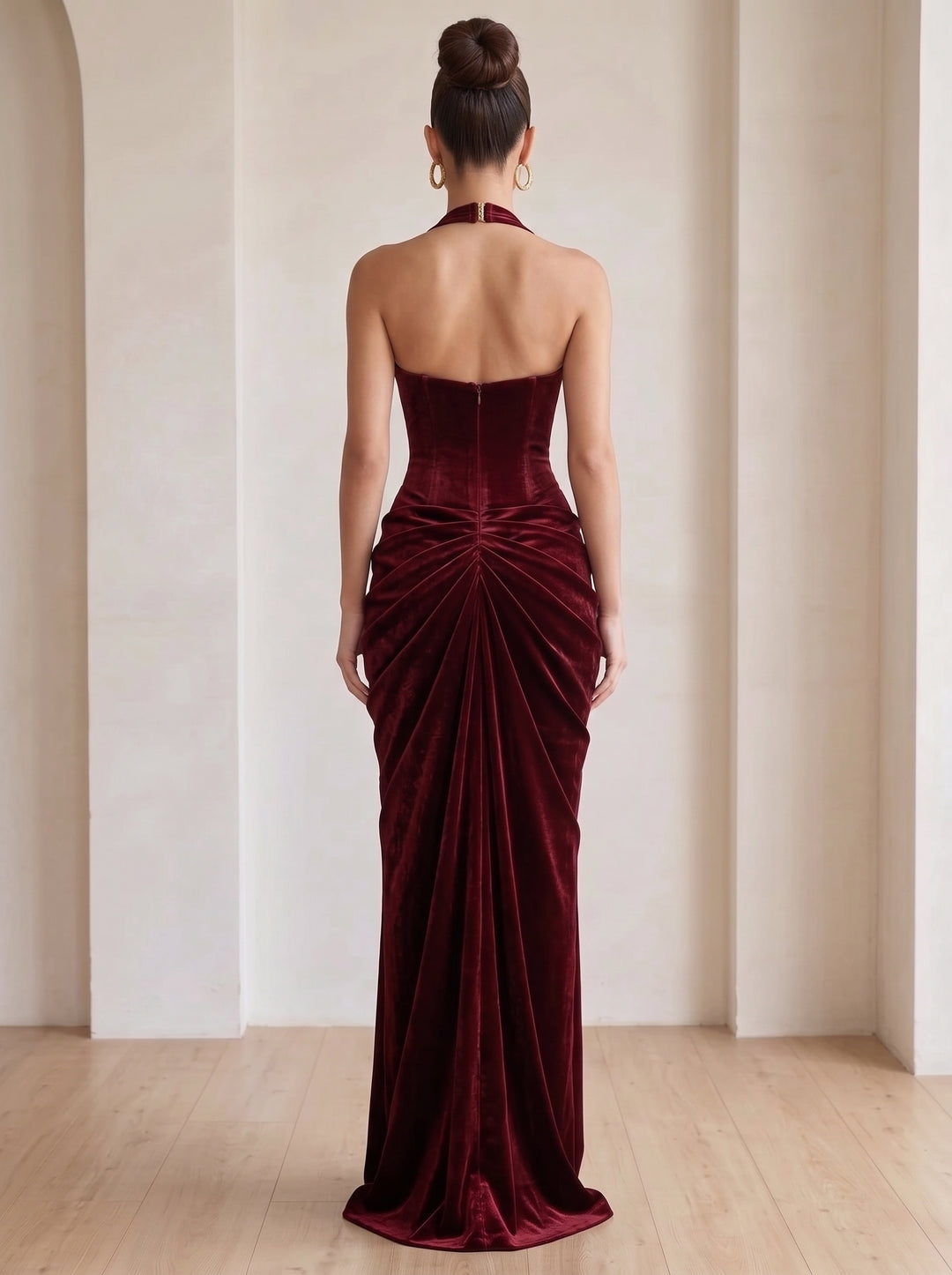 Sheath/Column Halter Velvet Evening Dresses Sleeveless Ruched Formal Dresses Floor-Length With Split Side
