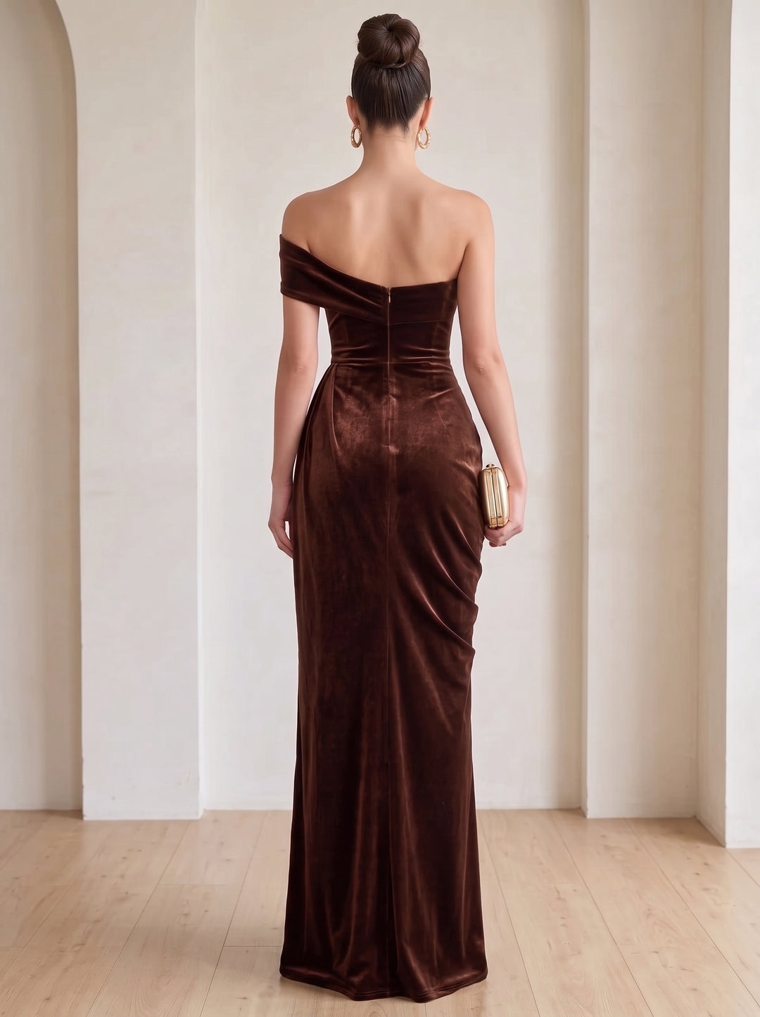 Sheath/Column One-Shoulder Velvet Evening Dresses Ruched Formal Dresses Floor-Length With Split Side