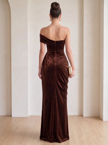 Sheath/Column One-Shoulder Velvet Evening Dresses Ruched Formal Dresses Floor-Length With Split Side