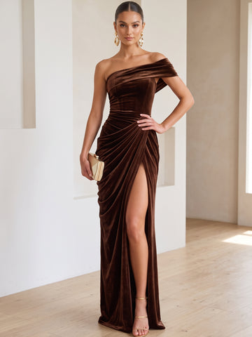 Sheath/Column One-Shoulder Velvet Evening Dresses Ruched Formal Dresses Floor-Length With Split Side