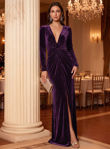 Sheath/Column V-Neck Velvet Evening Dresses Long Sleeves Ruched Formal Dresses Floor-Length With Split Side