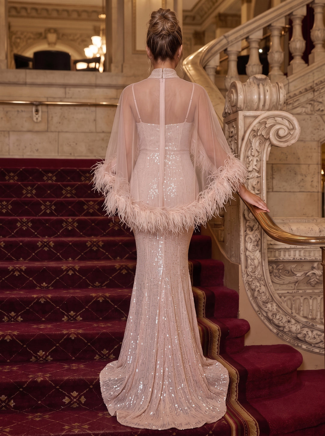 Trumpet/Mermaid Mock Neck Sequins Evening Dresses Floor-Length Cape Sleeves Formal Dresses With Feathers
