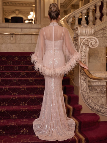 Trumpet/Mermaid Mock Neck Sequins Evening Dresses Floor-Length Cape Sleeves Formal Dresses With Feathers