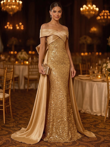 Sheath/Column Off-the-Shoulder Satin Evening Dresses with Watteau Train Sequins Bowknot Ankle-Length Sleeveless Formal Dresses