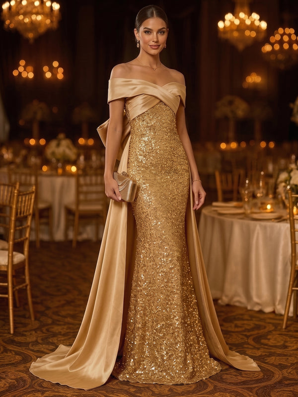 Sheath/Column Off-the-Shoulder Satin Evening Dresses with Watteau Train Sequins Bowknot Ankle-Length Sleeveless Formal Dresses