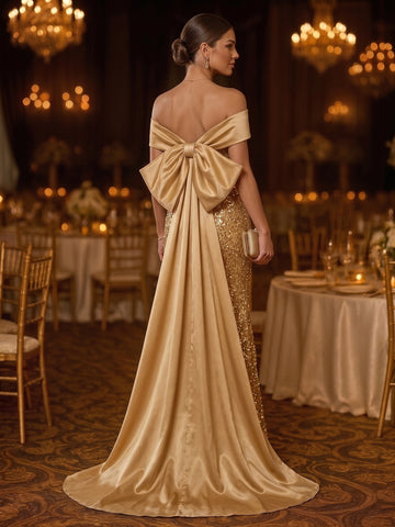 Sheath/Column Off-the-Shoulder Satin Evening Dresses with Watteau Train Sequins Bowknot Ankle-Length Sleeveless Formal Dresses