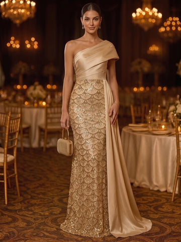 Sheath/Column One-Shoulder Satin Evening Dresses Floor-Length Sleeveless Sequins Formal Dresses