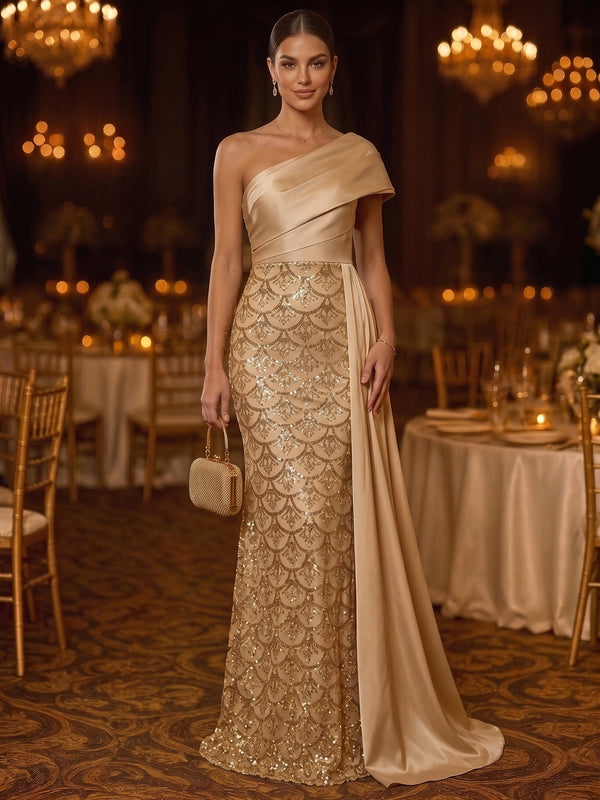 Sheath/Column One-Shoulder Satin Evening Dresses Floor-Length Sleeveless Sequins Formal Dresses