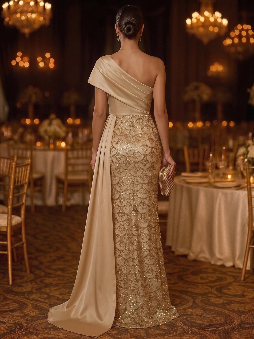 Sheath/Column One-Shoulder Satin Evening Dresses Floor-Length Sleeveless Sequins Formal Dresses